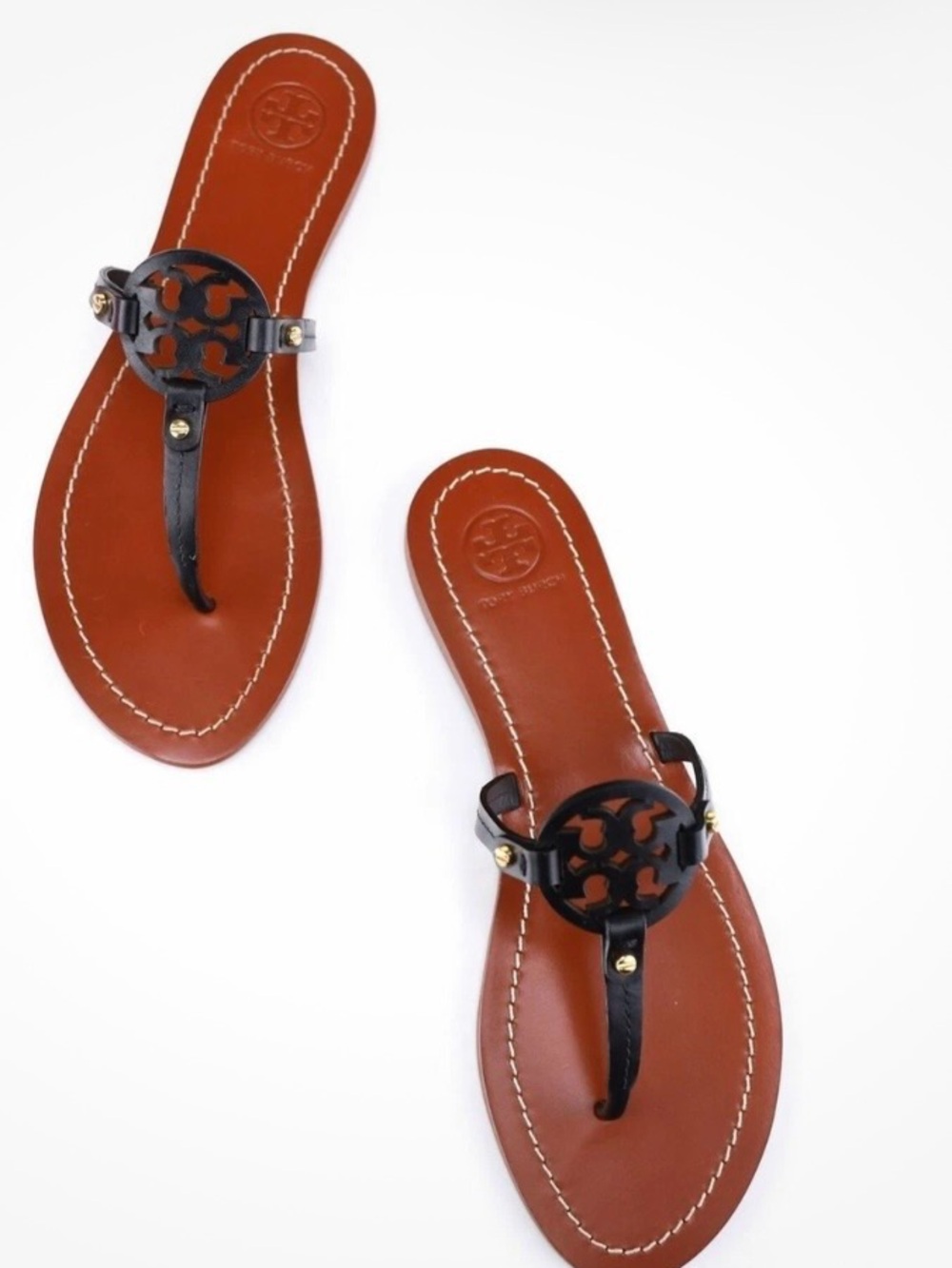 Tory Burch Black Leather Logo Thong Sandals with Tan Footbed